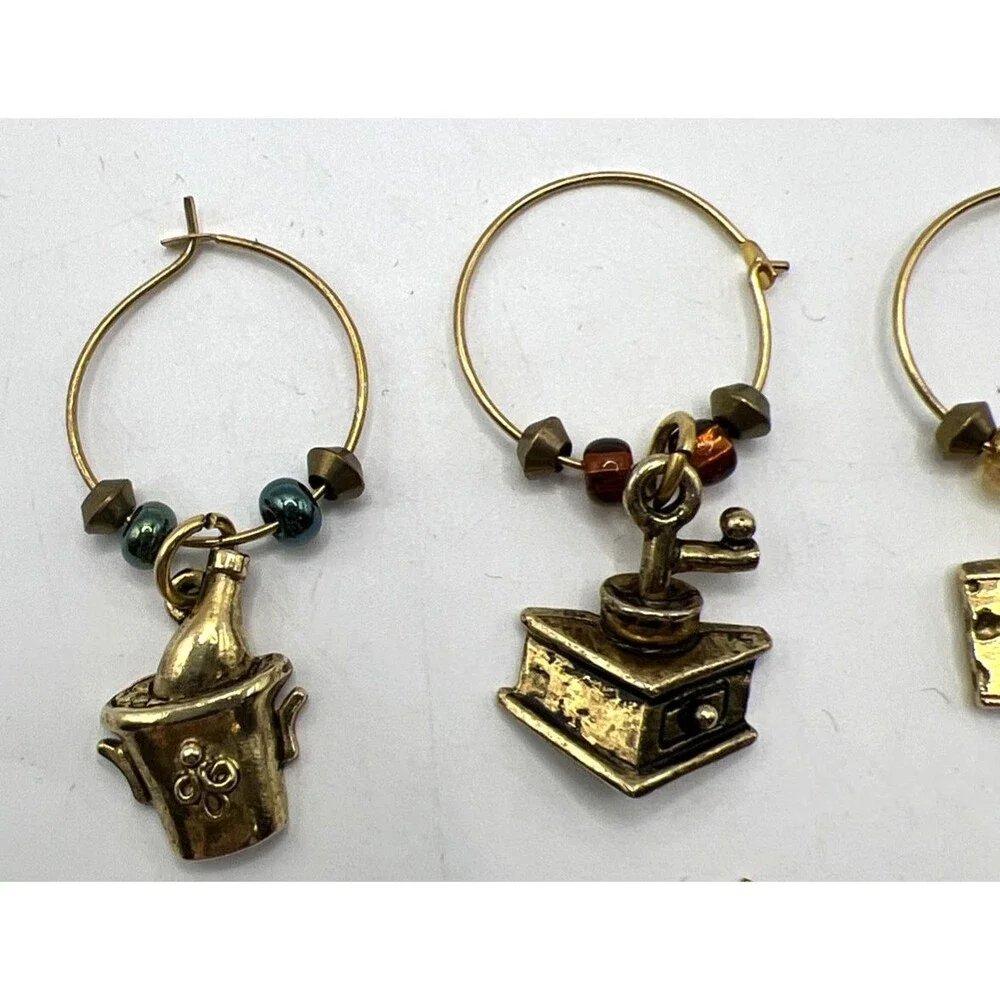LOT of 10 Vintage Wine Glass Charms Gold Tone Metal Variety Themes